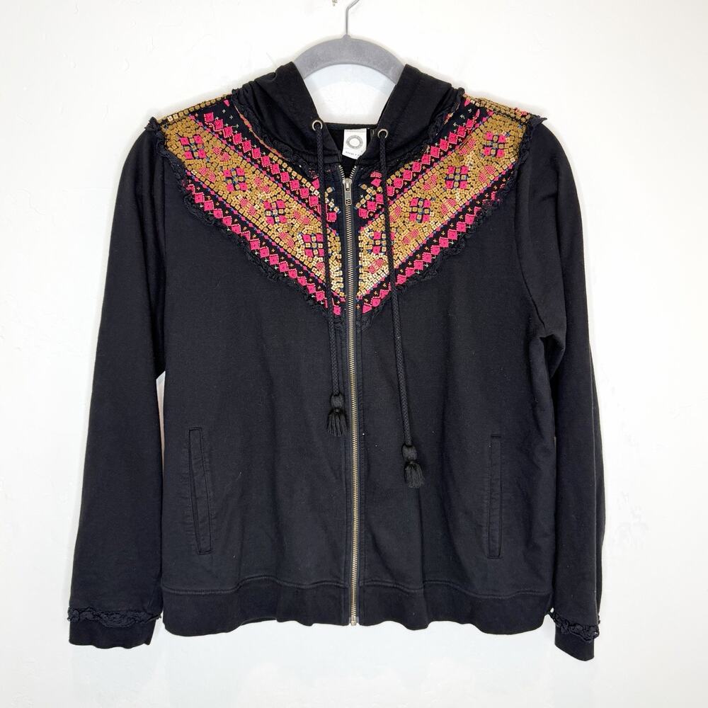 Anthropologie Akemi + Kin Beaded Hoodie Womens XL Black Pink Lace Jacket